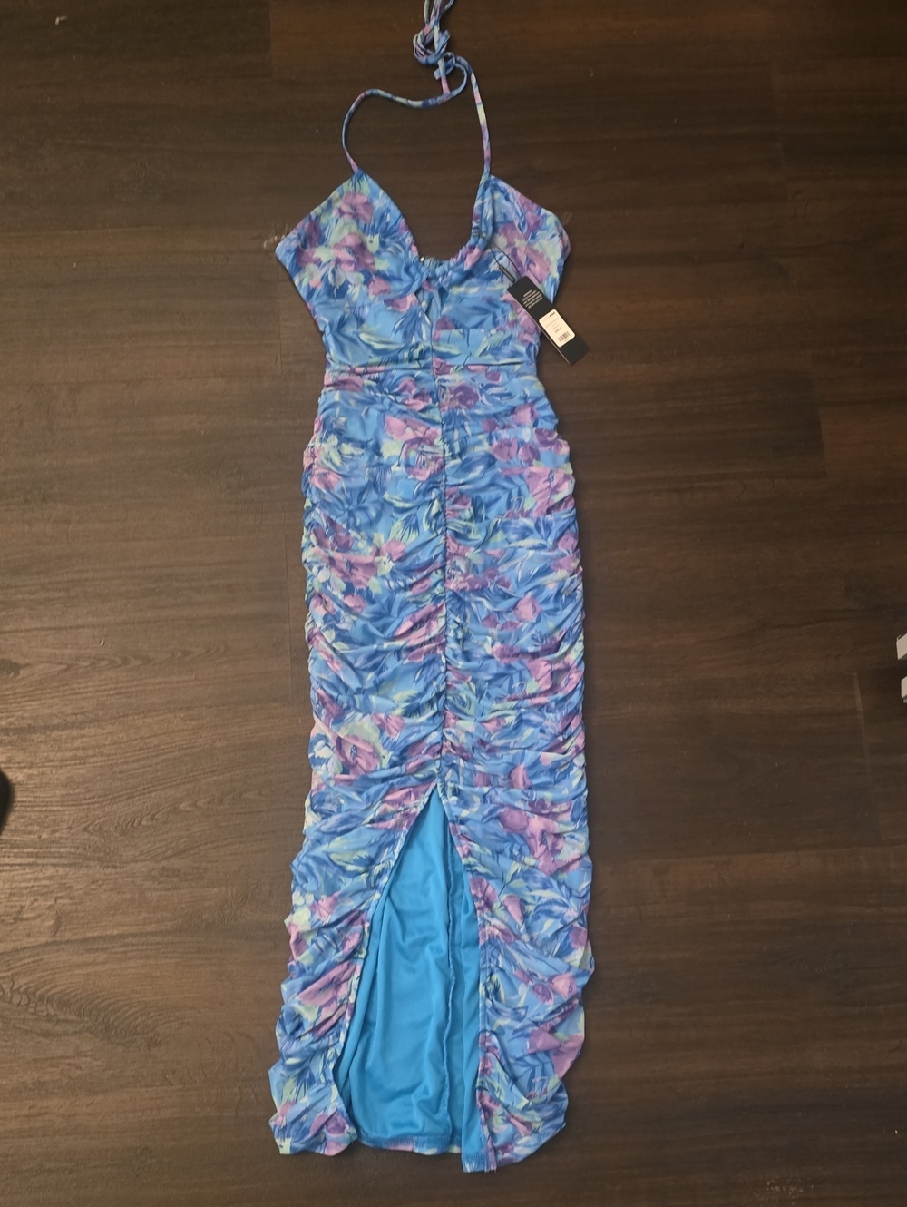 Fashion Nova Blue & Purple Floral Ruched Midi Dress